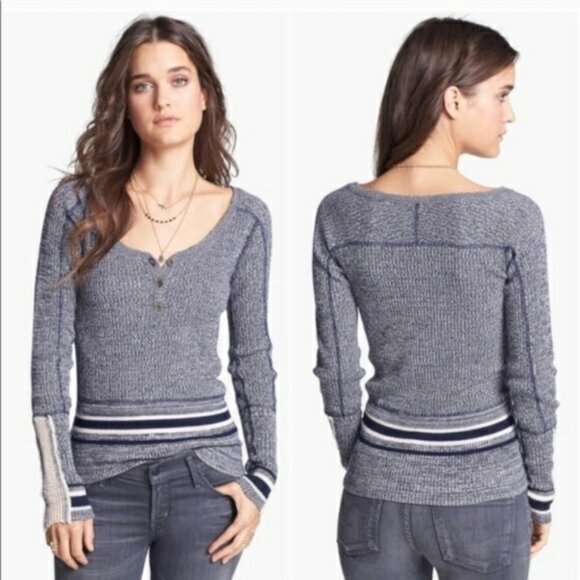 Free People Gray Crochet Cuff Boho Thermal Henley Shirt Top S - Picture 2 of 2
